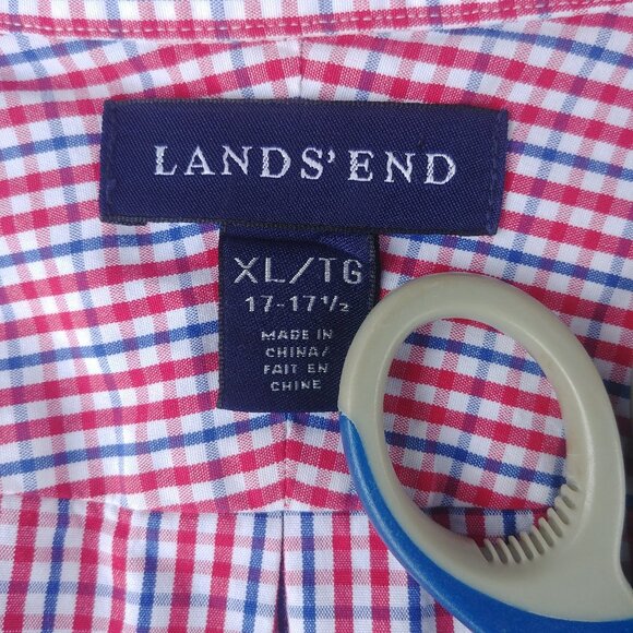 Lands' End Mens White Red Blue Plaid Button Down Shirt 100% cotton XL - Picture 9 of 13